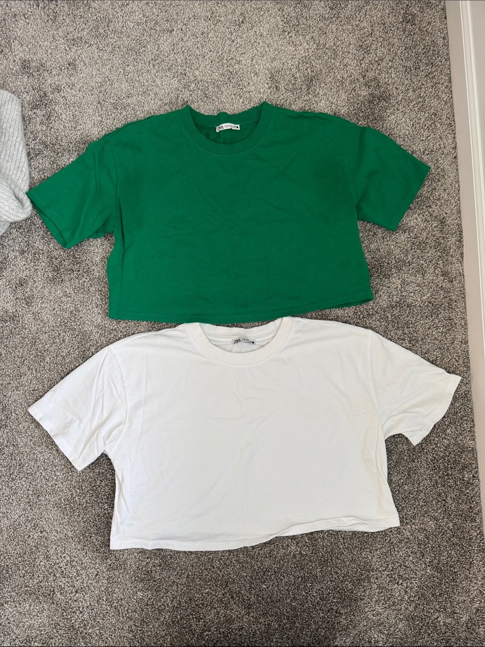 Set of Zara Green and White Cropped Tees